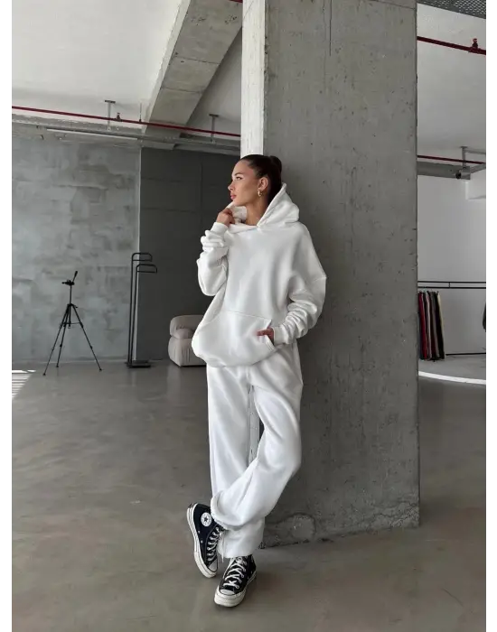 3 İplik Şardonlu Lastik Paça Eşofman Beyaz P510439