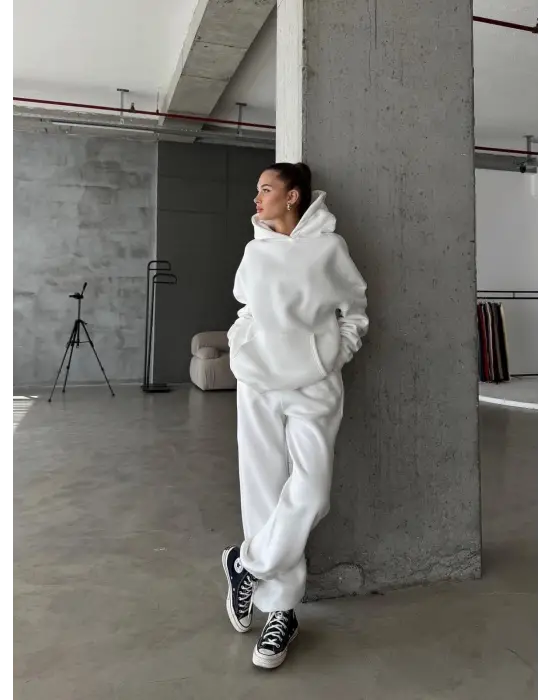 3 İplik Şardonlu Lastik Paça Eşofman Beyaz P510439