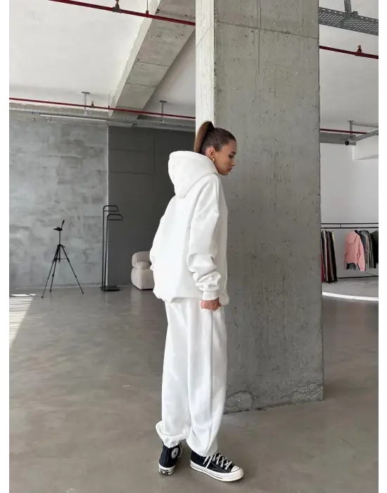 3 İplik Şardonlu Lastik Paça Eşofman Beyaz P510439