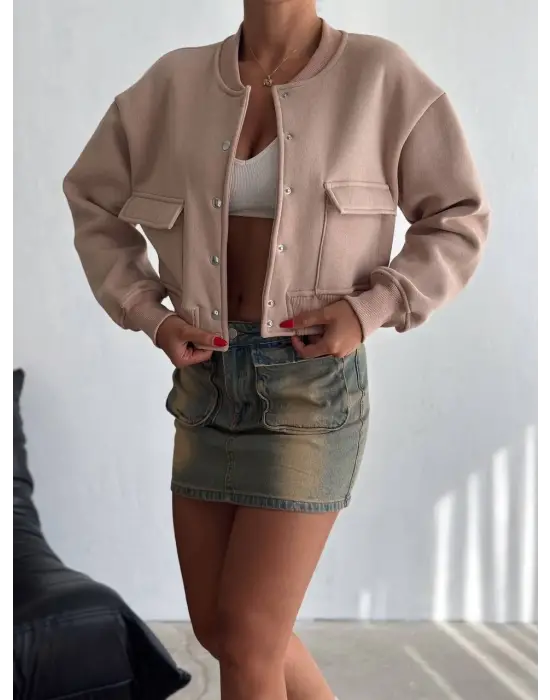 3 İplik Şardonlu Önü Çıtçıtlı Cepli Ceket Bej F2226