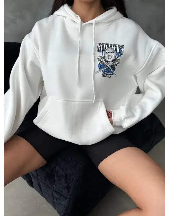 3 İplik Şardonlu Oversize Compact Kafa Baskılı Sweat Beyaz