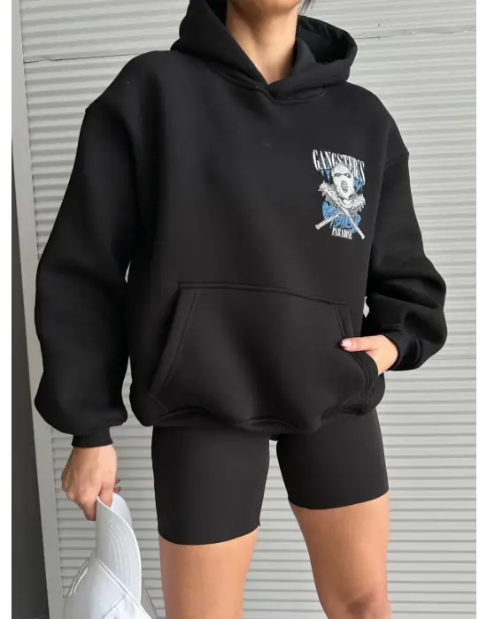 3 İplik Şardonlu Oversize Compact Kafa Baskılı Sweat Siyah