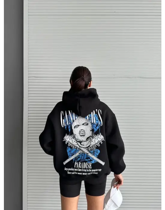 3 İplik Şardonlu Oversize Compact Kafa Baskılı Sweat Siyah