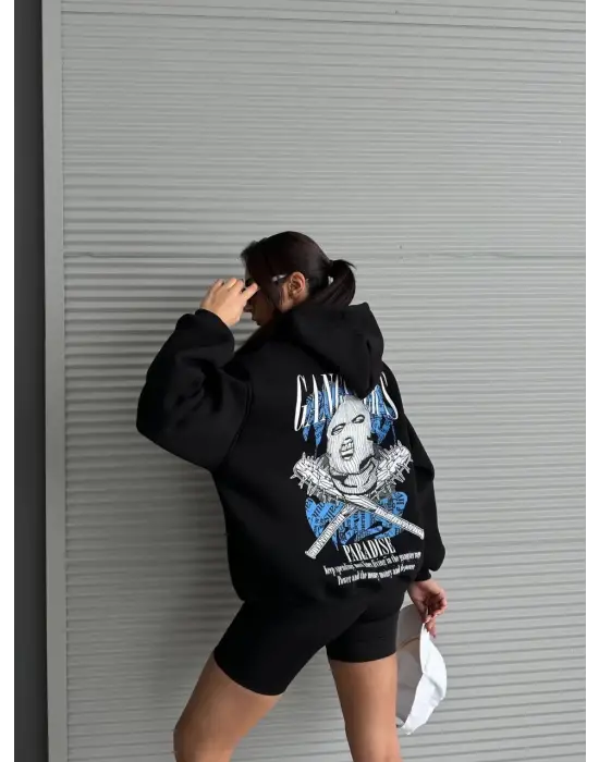 3 İplik Şardonlu Oversize Compact Kafa Baskılı Sweat Siyah