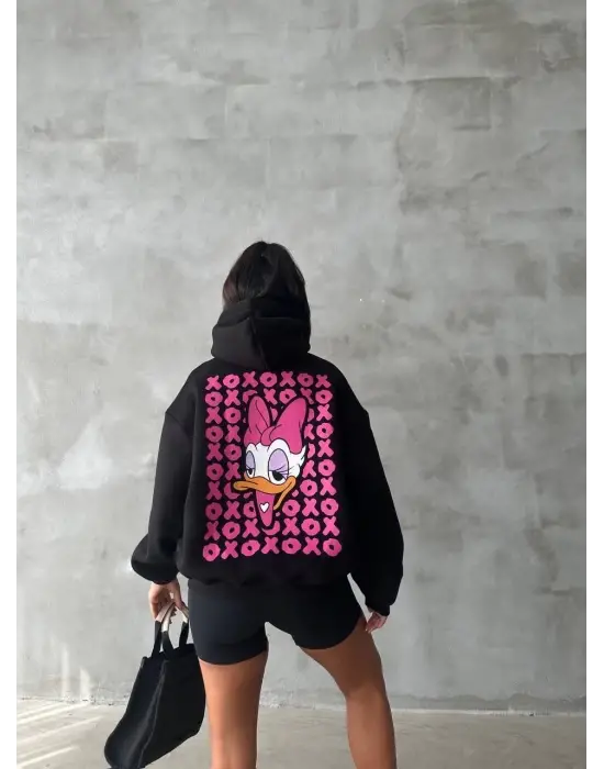 3 İplik Şardonlu Oversize Compact Ördek Baskılı Sweat Siyah