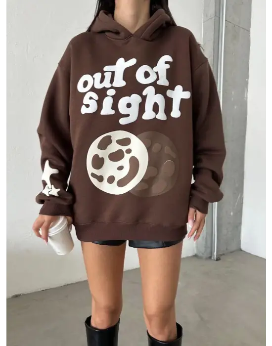 3 İplik Şardonlu Oversize Compact Out Of Baskılı Sweat Kahve