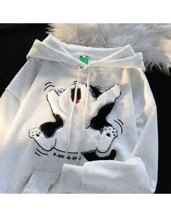 3 İplik Şardonlu Oversize Compact Peluş Baskılı Sweat Beyaz