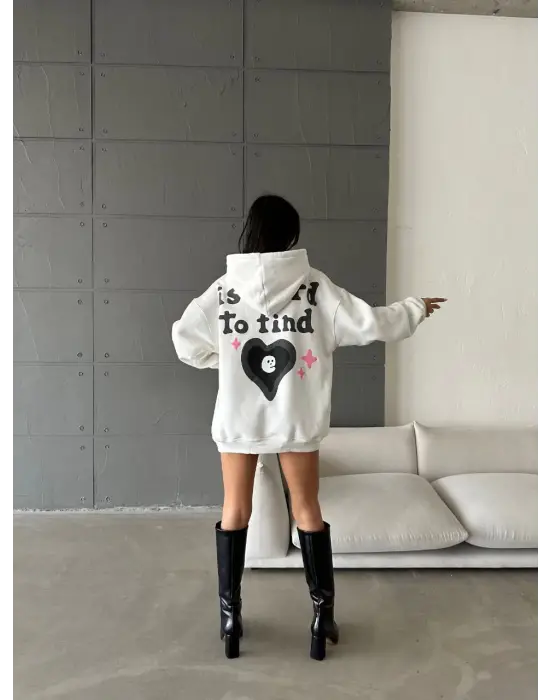 3 İplik Şardonlu Oversize Compact True Baskılı Sweat Beyaz