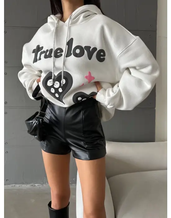 3 İplik Şardonlu Oversize Compact True Baskılı Sweat Beyaz