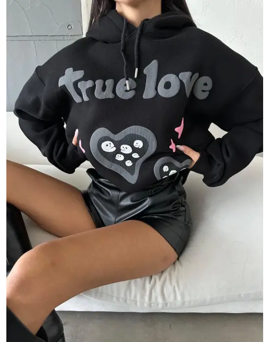 3 İplik Şardonlu Oversize Compact True Baskılı Sweat Siyah