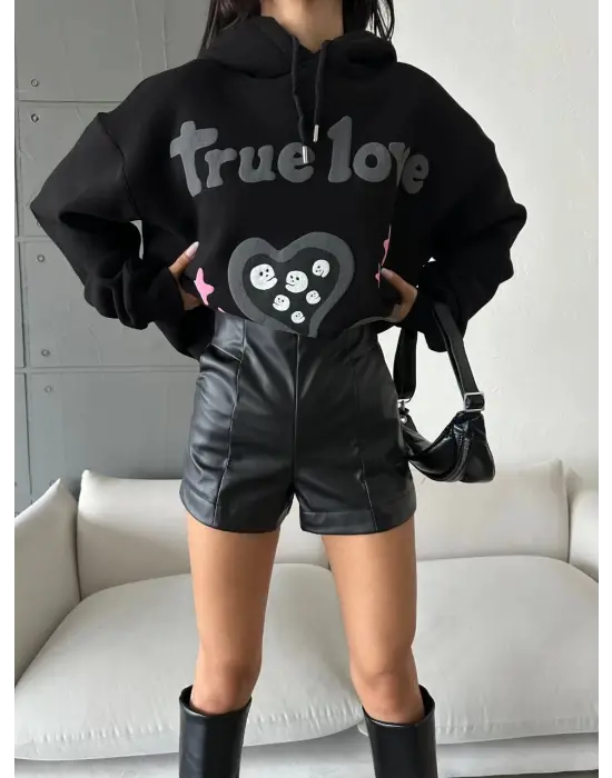 3 İplik Şardonlu Oversize Compact True Baskılı Sweat Siyah