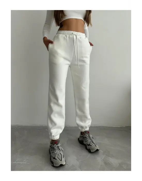 3 İplik Şardonlu Paça Lastikli Eşofman Beyaz İs001