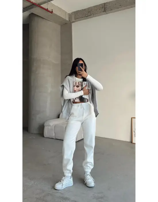 3 İplik Şardonlu Paça Lastikli Eşofman Beyaz İs001