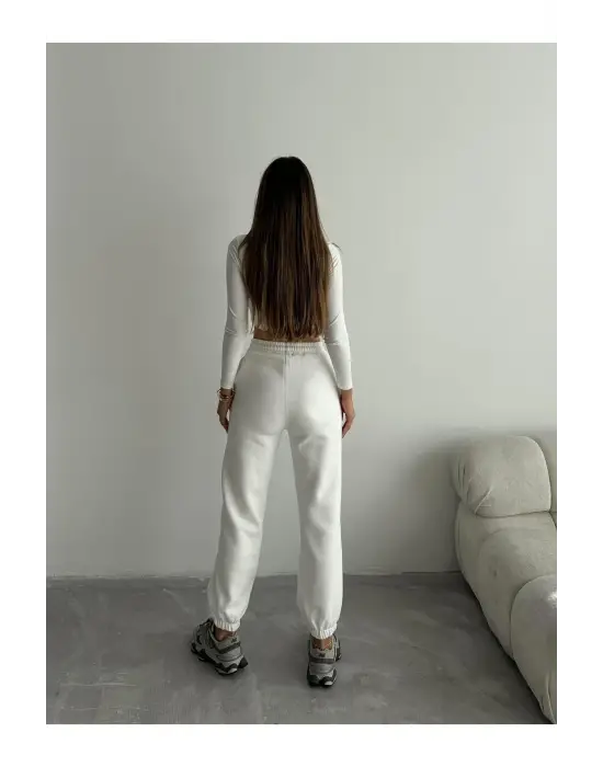 3 İplik Şardonlu Paça Lastikli Eşofman Beyaz İs001