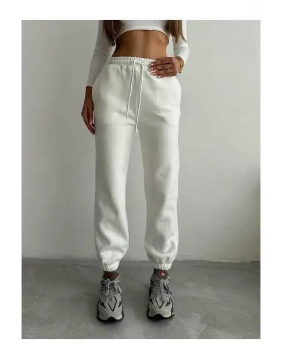 3 İplik Şardonlu Paça Lastikli Eşofman Beyaz İs001