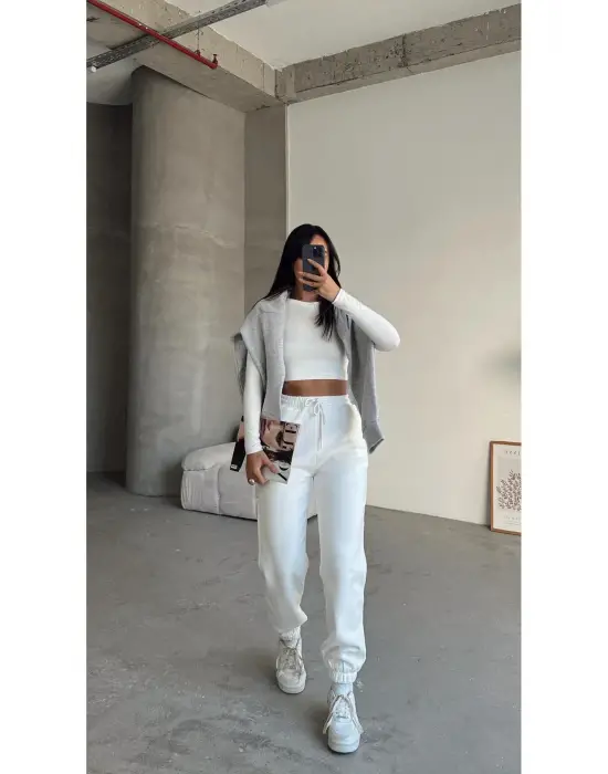 3 İplik Şardonlu Paça Lastikli Eşofman Beyaz İs001