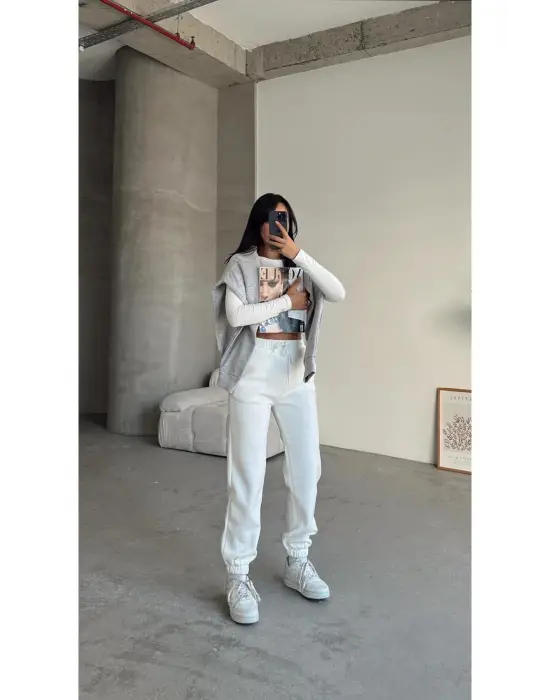 3 İplik Şardonlu Paça Lastikli Eşofman Beyaz İs001