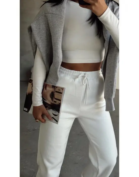 3 İplik Şardonlu Paça Lastikli Eşofman Beyaz İs001