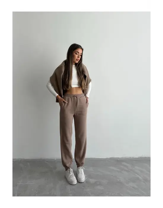 3 İplik Şardonlu Paça Lastikli Eşofman Vizon İs001