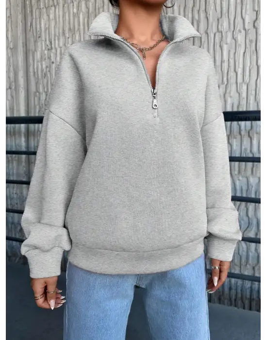 3 İplik Şardonlu Yarım Fermuarlı Sweatshirt Gri