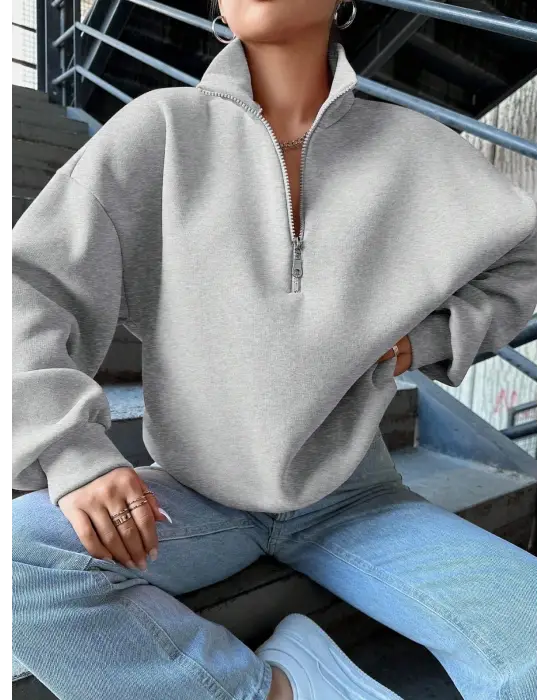 3 İplik Şardonlu Yarım Fermuarlı Sweatshirt Gri