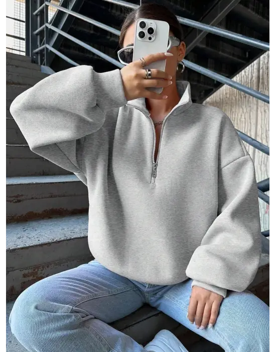 3 İplik Şardonlu Yarım Fermuarlı Sweatshirt Gri