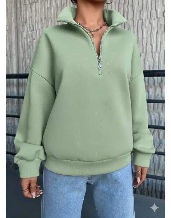 3 İplik Şardonlu Yarım Fermuarlı Sweatshirt Mint