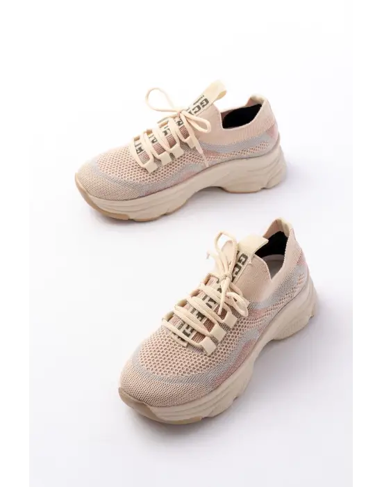 3001  Bej Bağcıklı Fileli Günlük Spor Ayakkabı