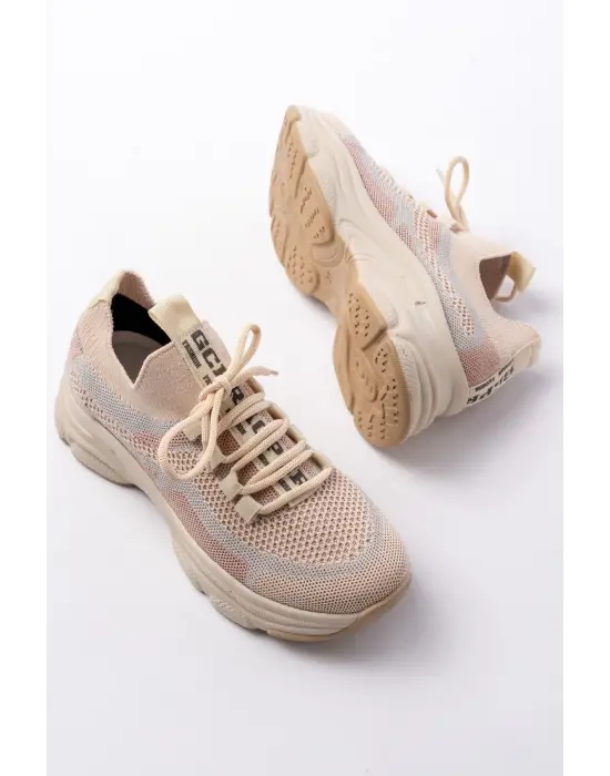 3001  Bej Bağcıklı Fileli Günlük Spor Ayakkabı