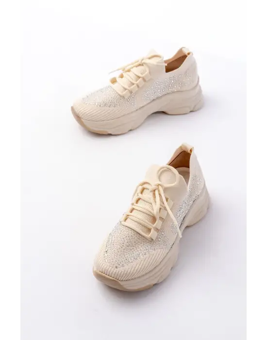 3002  Bej Bağcıklı Fileli Taş Aksesuarlı Günlük Spor Ayakkabı