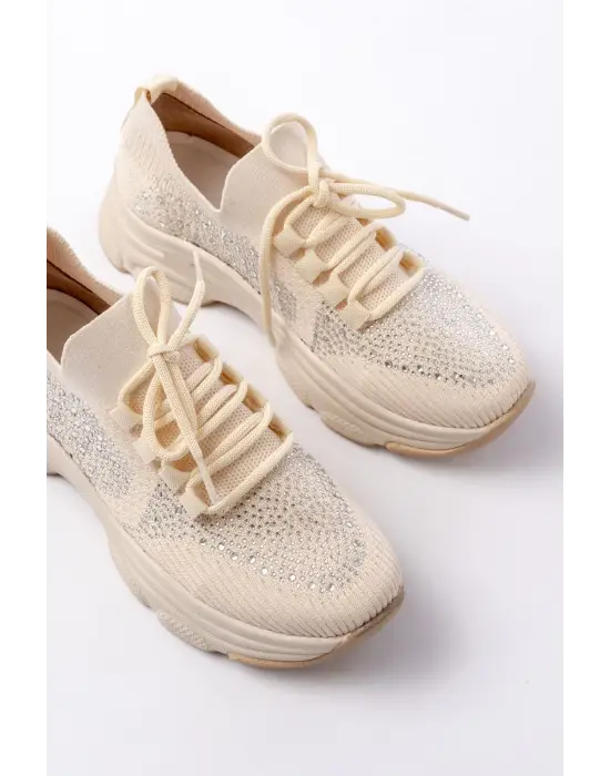 3002  Bej Bağcıklı Fileli Taş Aksesuarlı Günlük Spor Ayakkabı