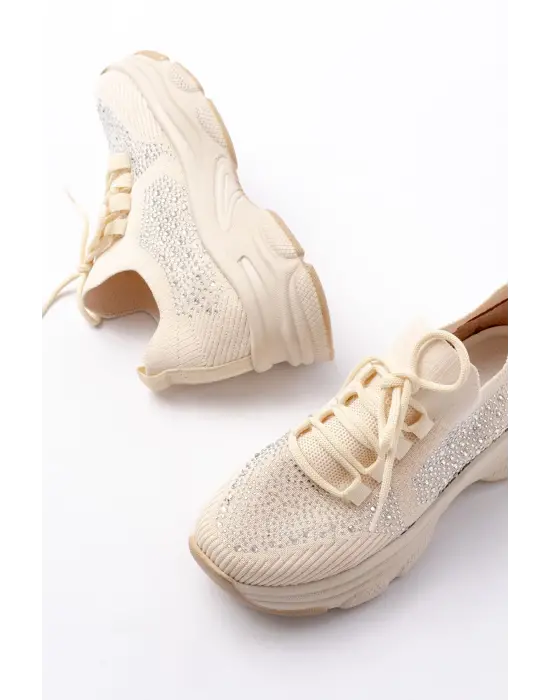 3002  Bej Bağcıklı Fileli Taş Aksesuarlı Günlük Spor Ayakkabı
