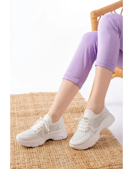 3002  Beyaz Bağcıklı Fileli Taş Aksesuarlı Günlük Spor Ayakkabı