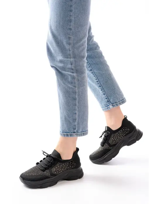 3002  Siyah Bağcıklı Fileli Taş Aksesuarlı Günlük Spor Ayakkabı