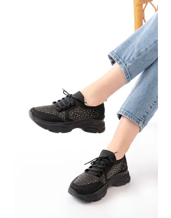 3002  Siyah Bağcıklı Fileli Taş Aksesuarlı Günlük Spor Ayakkabı