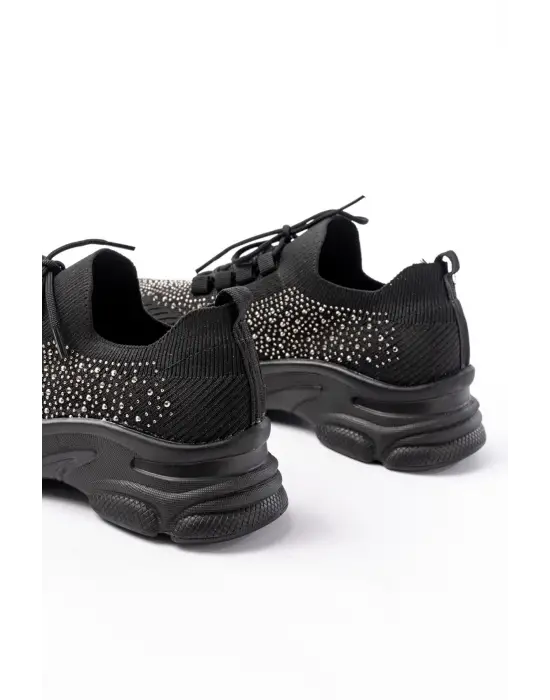 3002  Siyah Bağcıklı Fileli Taş Aksesuarlı Günlük Spor Ayakkabı
