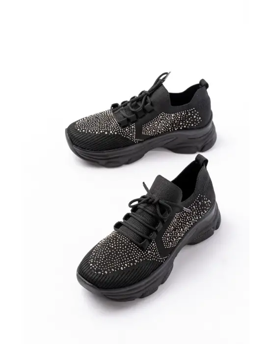 3002  Siyah Bağcıklı Fileli Taş Aksesuarlı Günlük Spor Ayakkabı