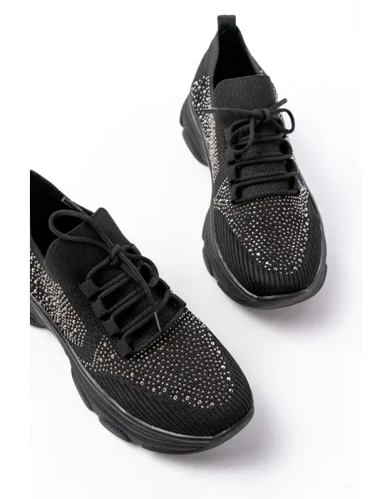 3002  Siyah Bağcıklı Fileli Taş Aksesuarlı Günlük Spor Ayakkabı