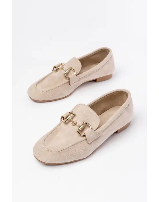 Bej Süet Toka Aksesuarlı Günlük Kadın Babet