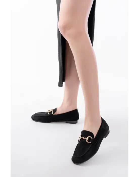 303 Siyah Süet Toka Aksesuarlı Günlük Kadın Babet