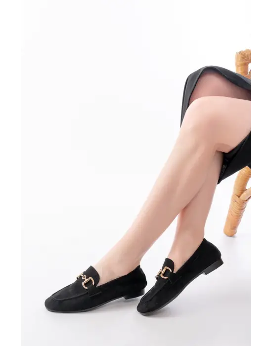 303 Siyah Süet Toka Aksesuarlı Günlük Kadın Babet