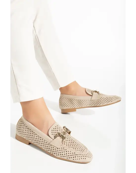 Bej Süet Delikli Günlük Kadın Babet