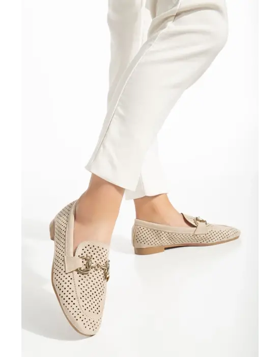 Bej Süet Delikli Günlük Kadın Babet