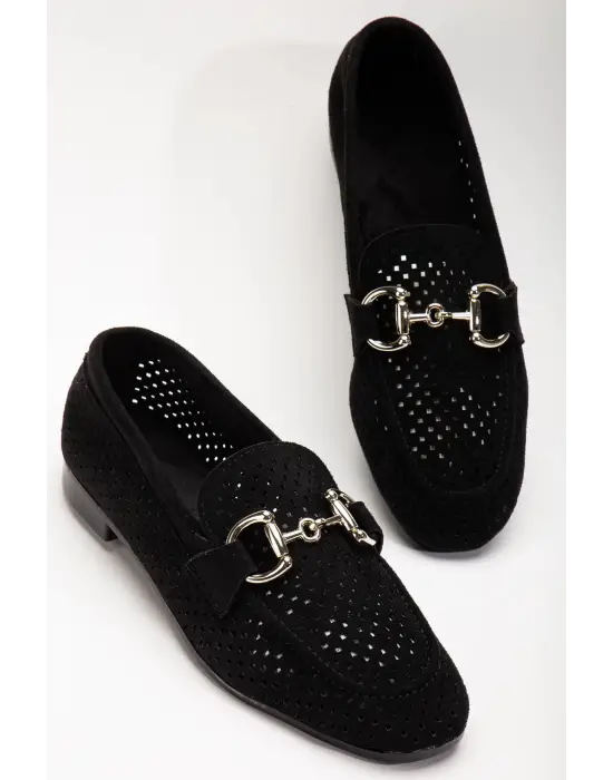 Siyah Süet Delikli Günlük Kadın Babet