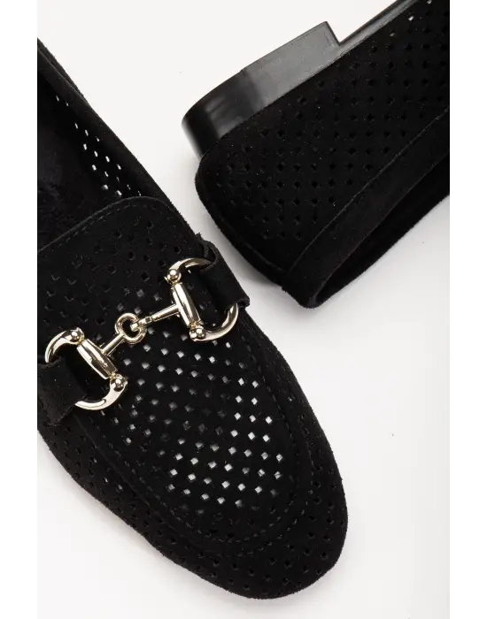 Siyah Süet Delikli Günlük Kadın Babet