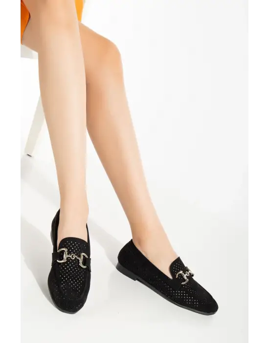 Siyah Süet Delikli Günlük Kadın Babet