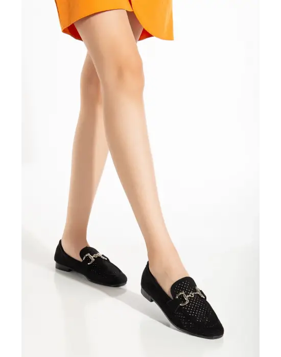 Siyah Süet Delikli Günlük Kadın Babet