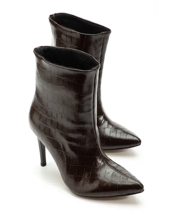 4803 Kahve Kroko Sivri Burun İnce Topuk Günlük Kadın Bot