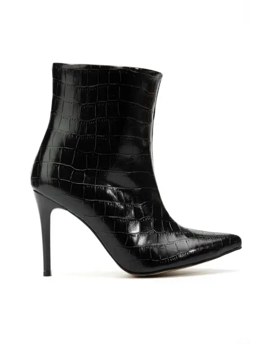 4803 Siyah Kroko Sivri Burun İnce Topuk Günlük Kadın Bot