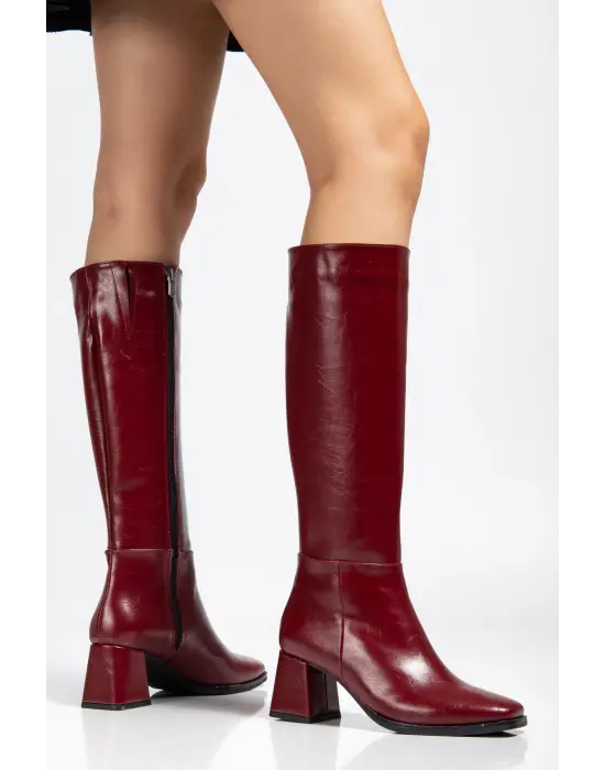 4804 Bordo Kırışık Rugan Fermuarlı Günlük Bayan Çizme
